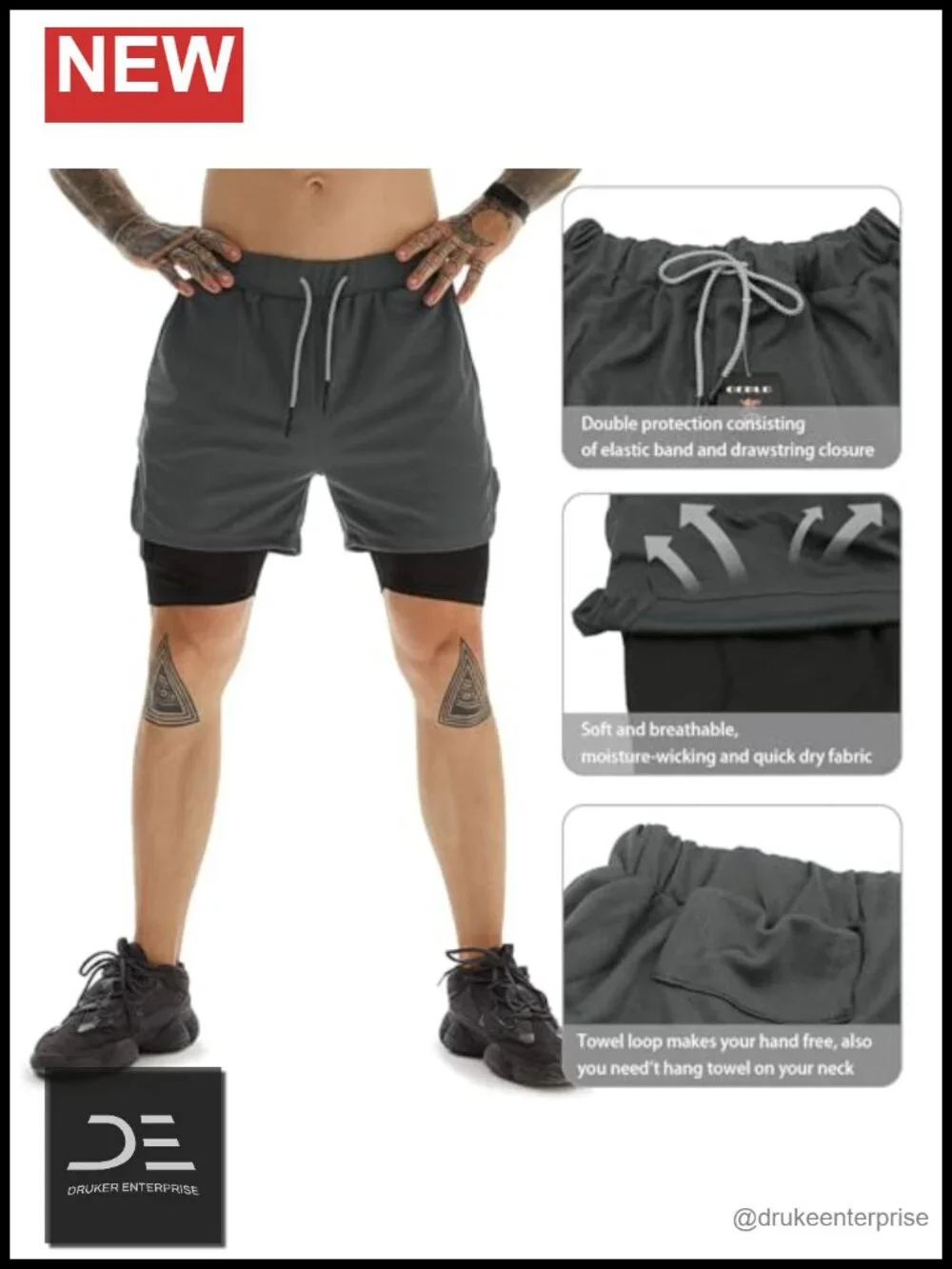 Mens 2-in-1 Running Shorts with Liner, Quick Dry Athletic Gym Shorts 7 inch
